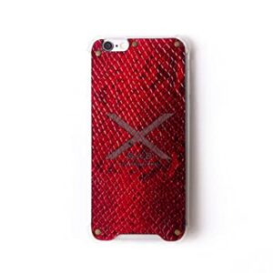 Luxurious Genuine Varnished Python Pattern Leather Case for iPhone. Engraved and Laser-Cut with 5 Bronze Rivets.- F036 (iPhone XR, Varnished Red Python)