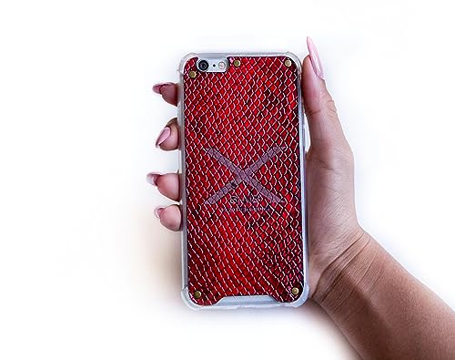 Luxurious Genuine Varnished Python Pattern Leather Case for iPhone. Engraved and Laser-Cut with 5 Bronze Rivets.- F036 (iPhone XR, Varnished Red Python)