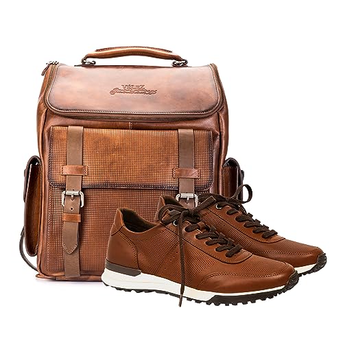 VELEZ 9 Mens Brown Business Casual Sneakers + Full Grain Leather Backpack for Men Tan Designer Bookbag Business Casual Shoulder Bag