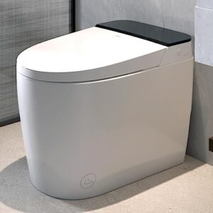 modern smart bidet toilet with tank built in, one piece elongated toilet with auto flushing, foot sensor operation, heated seat, warm water, warm air drying, remote control