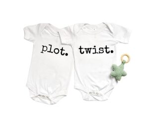 plot twist funny twin announcement baby boy or girl unisex bodysuit matching twin set (0-3 month us)