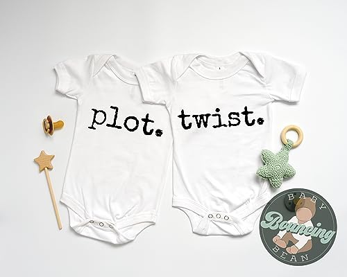 Plot twist funny twin announcement baby boy or girl unisex bodysuit matching twin set (0-3 Month US)