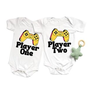 Player One Player Two gaming remote control themed baby boy and girl bodysuits matching twin sets (6-9 Month US)