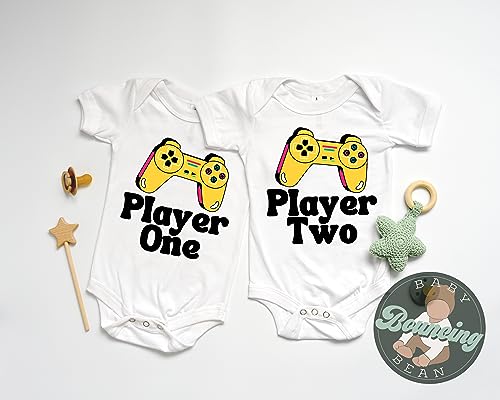 Player One Player Two gaming remote control themed baby boy and girl bodysuits matching twin sets (6-9 Month US)