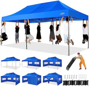 cobizi 10x20 heavy duty pop up canopy tent with 6 sidewalls ez up commercial outdoor canopy wedding party tents for parties all season wind & waterproof gazebo with roller bag,blue(frame thickened)