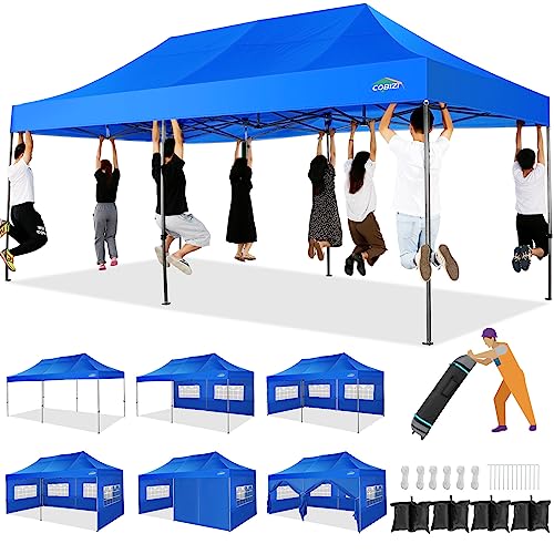 COBIZI 10x20 Heavy Duty Pop up Canopy Tent with 6 sidewalls Ez Up Commercial Outdoor Canopy Wedding Party Tents for Parties All Season Wind & Waterproof Gazebo with Roller Bag,Blue(Frame Thickened)