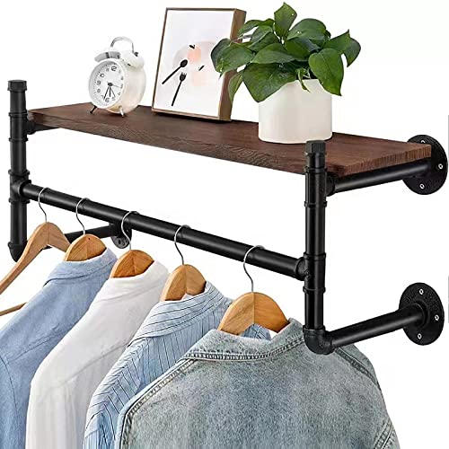 Wall Mounted Clothes Rail with Shelf, 36.2” Garment Rack Wall Hanger, Space-Saving Industrial Pipe Clothes Bar Rack, for Laundry Room and Closet Storage