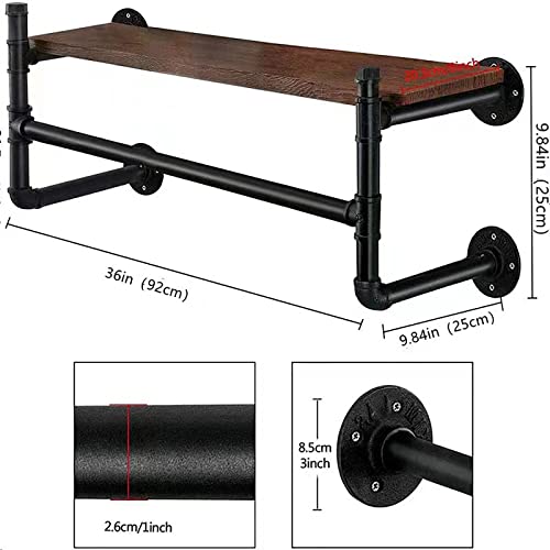 Wall Mounted Clothes Rail with Shelf, 36.2” Garment Rack Wall Hanger, Space-Saving Industrial Pipe Clothes Bar Rack, for Laundry Room and Closet Storage