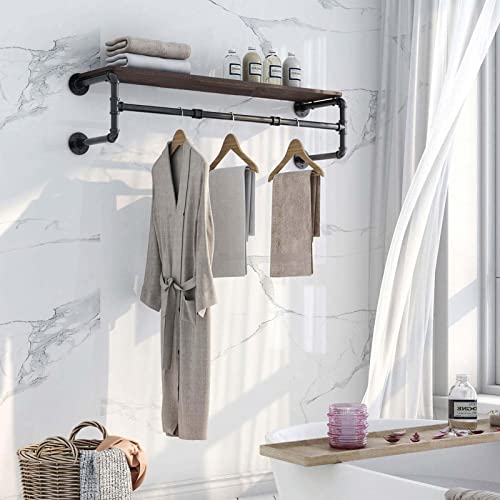 Wall Mounted Clothes Rail with Shelf, 36.2” Garment Rack Wall Hanger, Space-Saving Industrial Pipe Clothes Bar Rack, for Laundry Room and Closet Storage