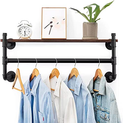 Wall Mounted Clothes Rail with Shelf, 36.2” Garment Rack Wall Hanger, Space-Saving Industrial Pipe Clothes Bar Rack, for Laundry Room and Closet Storage