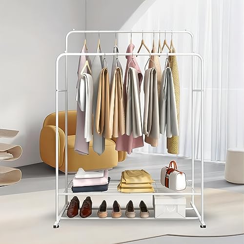 Xshelley Garment Rack Freestanding Clothing Rack Hanger Double Pole Multi-functional Bedroom Clothing Rack, Heavy Duty Metal Clothing Garment Rack with Shelves (White)