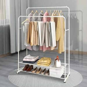 Xshelley Garment Rack Freestanding Clothing Rack Hanger Double Pole Multi-functional Bedroom Clothing Rack, Heavy Duty Metal Clothing Garment Rack with Shelves (White)