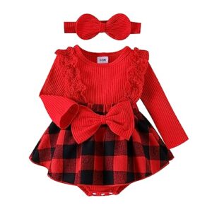 mialoley baby girl long sleeve 2 piece outfit knit lace patchwork sweet romper dress bowknot plaid bodysuit with headband (red, 9-12 months)