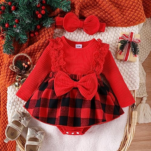 Mialoley Baby Girl Long Sleeve 2 Piece Outfit Knit Lace Patchwork Sweet Romper Dress Bowknot Plaid Bodysuit with Headband (Red, 9-12 Months)