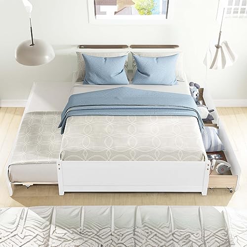 Novaris Full Size Solid Wood Platform Bed Frame with 2 Storage Drawers, Modern Classic Platform Bed with Strong Wood Slats Support & Easy Assemble for Bedroom Teens Girls (White)