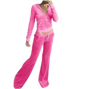 plus size 2 piece outfits for women lounge sets for women zip up casual 2 piece pant sets long sleeve hooded sweatshirts comfy velvet fashion outfits pink xl