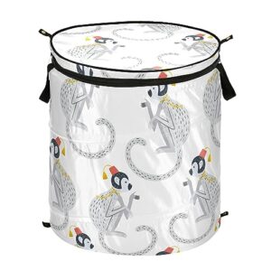 pnyoin 50l large popup laundry hamper round with zipper lid reinforced handles portable collapsible basket for kids room college dorm travel, vintage gray monkeys in chinoiserie style