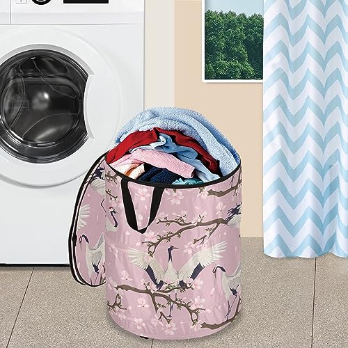 pnyoin 50L Large Popup Laundry Hamper Round with Zipper Lid Reinforced Handles Portable Collapsible Basket for Kids Room College Dorm Travel, Japanese Cranes and Magnolia