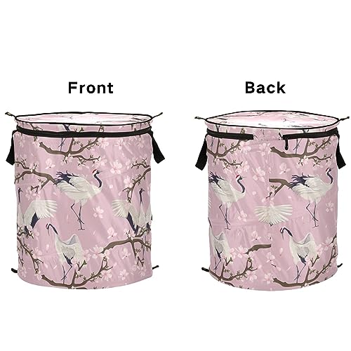 pnyoin 50L Large Popup Laundry Hamper Round with Zipper Lid Reinforced Handles Portable Collapsible Basket for Kids Room College Dorm Travel, Japanese Cranes and Magnolia