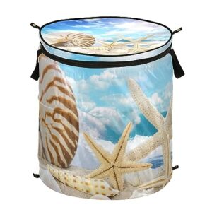 pnyoin 50l large popup laundry hamper round with zipper lid reinforced handles portable collapsible basket for kids room college dorm travel, sunny sky with starfish