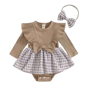 mialoley baby girl knit 2 piece sets ribbed long sleeve ruffles bowknot decor houndstooth print romper dress with headband (brown, 12-18 months)