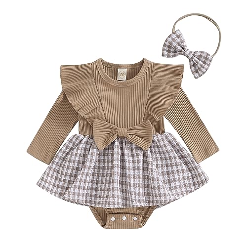 Mialoley Baby Girl Knit 2 Piece Sets Ribbed Long Sleeve Ruffles Bowknot Decor Houndstooth Print Romper Dress with Headband (Brown, 12-18 Months)