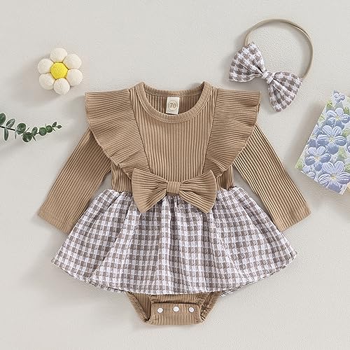 Mialoley Baby Girl Knit 2 Piece Sets Ribbed Long Sleeve Ruffles Bowknot Decor Houndstooth Print Romper Dress with Headband (Brown, 12-18 Months)