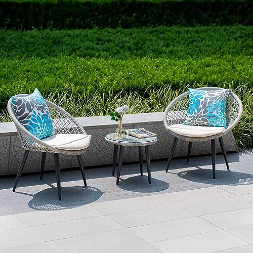 Leasbar 3 Piece Patio Bistro Furniture Set PE Rattan Conversation Chairs Glass Top Table Outdoor Patio Chair with Soft Cushions All-Weather Widening Patio Furniture Set for Backyard Balcony Deck