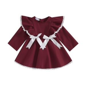 baby girl a line dress long sleeve ruffles crew neck lace patchwork bowknot contrast color princess spring autumn (red, 2-3 years)