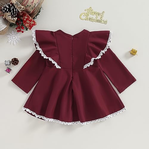 Baby Girl A Line Dress Long Sleeve Ruffles Crew Neck Lace Patchwork Bowknot Contrast Color Princess Spring Autumn (Red, 2-3 Years)