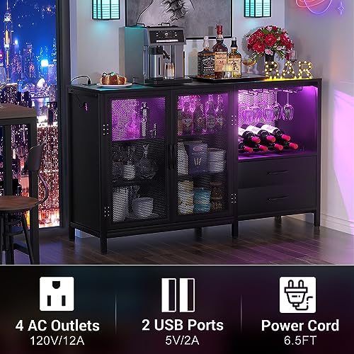 Cyclysio Wine Bar Cabinet with Power Outlets and LED Lights, Coffee Bar Station with Wine Rack, Industrial Sideboard Buffet with Drawers, Large Bar Cabinet for Liquor and Glasses, Home Bar, Black