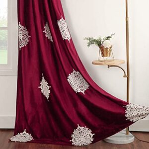 VOGOL Burgundy Thermal Curtains, Floral Noise Reducing Bedroom Curtains 84 Inch Length Soft Velvet Room Darkening Grommet Drapes, 2 Panels Bundle with Matching Throw Pillow Cover (18x18 in)