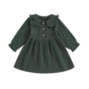 mialoley baby girl doll collar dress long sleeve toddler solid color ruffle a line spring fall casual infant sundress button (green, 18-24 months)