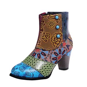 xrcqcad women's ankle boots retro 3d embroidered print pointed toe chunky heel wellington slip on cowgirl western snow boots