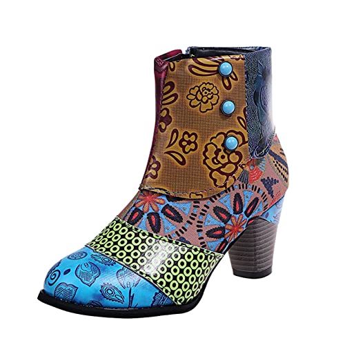 XRCQCAD Women's Ankle Boots Retro 3D Embroidered Print Pointed Toe Chunky Heel Wellington Slip On Cowgirl Western Snow Boots