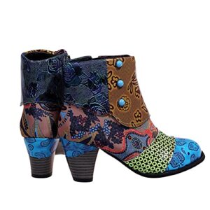 XRCQCAD Women's Ankle Boots Retro 3D Embroidered Print Pointed Toe Chunky Heel Wellington Slip On Cowgirl Western Snow Boots