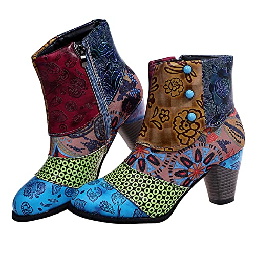 XRCQCAD Women's Ankle Boots Retro 3D Embroidered Print Pointed Toe Chunky Heel Wellington Slip On Cowgirl Western Snow Boots