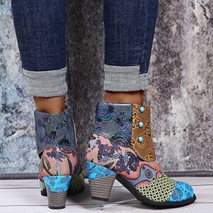 XRCQCAD Women's Ankle Boots Retro 3D Embroidered Print Pointed Toe Chunky Heel Wellington Slip On Cowgirl Western Snow Boots