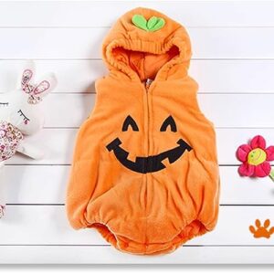 JeuaPho Newborn Baby Halloween Costume Outfit Cartoon Print Fuzzy Sleeveless V-Neck Hood Top Blouse Cosplay Clothes (02 Orange, S)