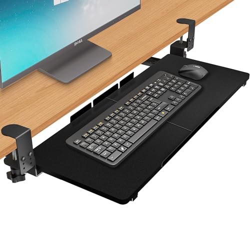 EQEY Keyboard Tray Under Desk, Height Adjustable Keyboard Tray Ergonomic Pull Out Under Desk Drawer Keyboard Platforms with Wrist Support Pad Keyboard Drawer for Desk (26 x 10 inch, Black new version)