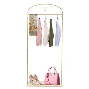 gold clothing rack, modern standard rod garment rack with base, heavy-duty dress display rack freestanding for boutiques, can hang jacket garment, hat, scarf, organize shoes