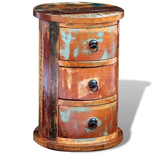 MAXCBD Nightstand Bedside Table Drawer Cabinet Reclaimed Cabinet with 3 Drawers Solid Wood Antique-Style Wooden Round Cabinet Storage Tower Dresser