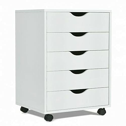 MAXCBD Nightstand Bedside Table Drawer Cabinet 5 Drawer Dresser Storage Cabinet Chest W/Wheels for Home Office White Easy Maintenance and Lasting Durability Storage Tower Dresser