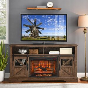 auwhaleus 60" electric fireplace tv stand industrial & farmhouse entertainment console center with storaged cabinet led faux fire, remote control, 3d flame effect for living room, reclaimed barnwood