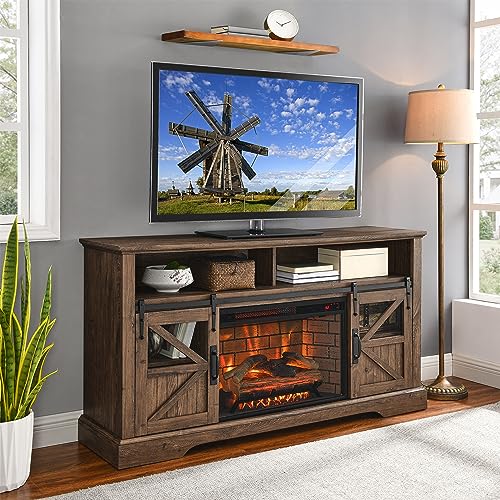 AUWHALEUS 60" Electric Fireplace TV Stand Industrial & Farmhouse Entertainment Console Center with Storaged Cabinet LED Faux Fire, Remote Control, 3D Flame Effect for Living Room, Reclaimed Barnwood
