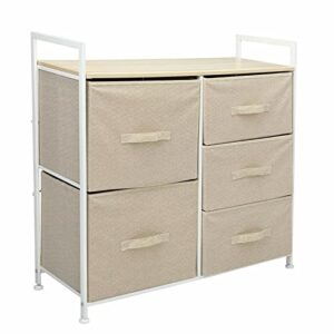 nightstand bedside table drawer cabinet dresser storage shelf w 5 fabric drawers metal frame wooden tabletop bedroom modern and simple style storage tower dresser