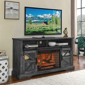 AUWHALEUS 60" Electric Fireplace TV Stand Industrial & Farmhouse Entertainment Console Center with Storaged Cabinet LED Faux Fire, Remote Control, 3D Flame Effect for Living Room, Dark Rustic Oak