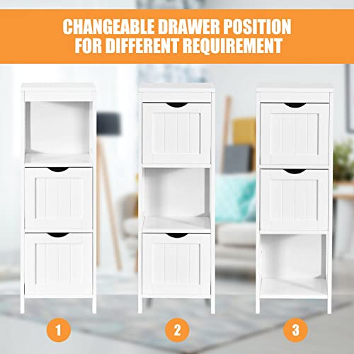 MAXCBD Nightstand Bedside Table Drawer Cabinet Bathroom Floor Cabinet Side Wooden Storage Organizer W/Removable Drawers White Bathroom Floor Cabinet Storage Tower Dresser