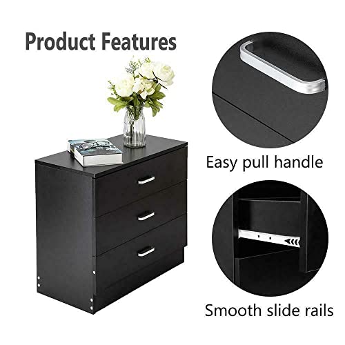 MAXCBD Nightstand Bedside Table Drawer Cabinet Chest of Drawers 3 Drawers Dresser Bedroom Nightstand Storage Cabinet Black 3 Drawer Dresser Storage Tower Dresser