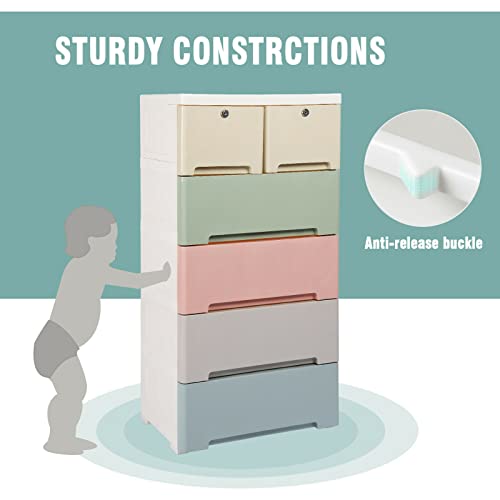 Nightstand Bedside Table Drawer Cabinet Macaron Plastic Drawers Dresser Storage Cabinet W/ 6 Drawers Closet Organizer Modern and Elegant Look Storage Tower Dresser